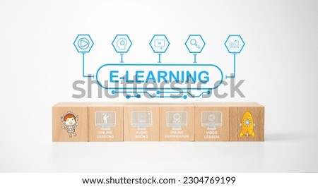  E-learning Education Internet Technology Online Courses concept with wooden blocks on a white background