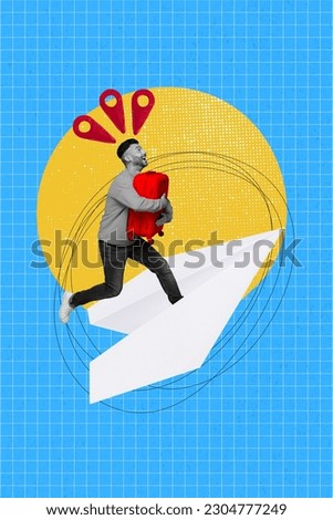 Vertical collage of astonished mini black white effect guy flying huge paper plane hold suitcase destination mark isolated on blue background