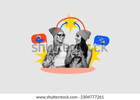 Collage of two young tourists women dream about their summer trip swimming in bikini ocean drink mojito alcohol isolated on grey background Royalty-Free Stock Photo #2304777261
