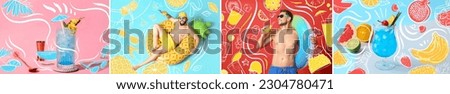 Collage of young men with inflatable rings and cold summer cocktails on color background Royalty-Free Stock Photo #2304780471