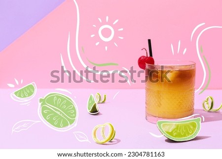 Glass of cold  mai tai cocktail on color background