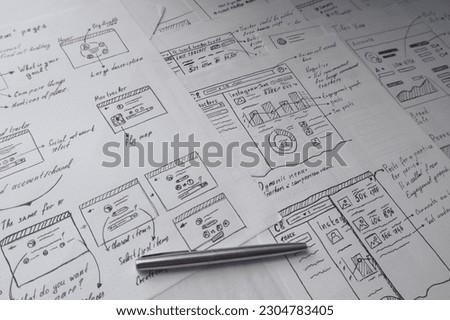 User experience design wireframes of IT product. Hand drawn draft projects layout. Sketch of ideas. Complex project, education Royalty-Free Stock Photo #2304783405