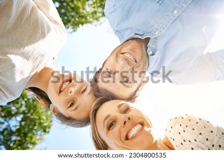 Happy portrait, outdoor circle and family child, mother and father support, bonding and enjoy outdoor quality time together. Love, sky and below view of mama, papa and kid smile for nature sunshine Royalty-Free Stock Photo #2304800535