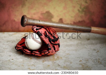 Baseball bat glove and ball on marble and grunge background