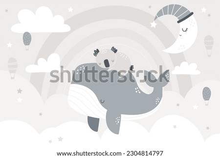  Vector illustration of a cute koala sleeping on the back of a whale, rainbow, air balloon, clouds and moon. Scandinavian style. Boho. Kids wallpaper design. Baby room design, wall decor, mural.