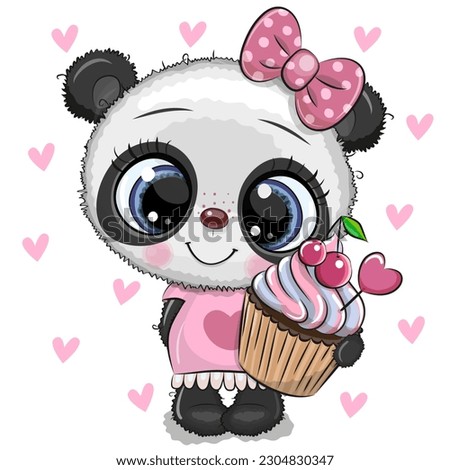 Cute Cartoon Panda with Cupcake on a hearts background