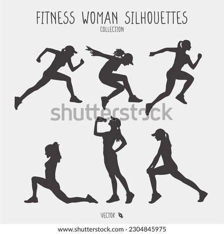 A set of silhouettes of a fitness woman in different poses.