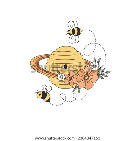 Floral cosmic beehive planet vector illustration. Decorative whimsical Saturn hive with bloomy rings and bees. Groovy aesthetic honeybee blooming space poster design Royalty-Free Stock Photo #2304847163