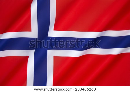 Flag of Norway - The flag of Norway is a blue Scandinavian cross over the Dannebrog, the flag of Denmark. Adopted as the national flag of Norway on 13th July 1821. Royalty-Free Stock Photo #230486260