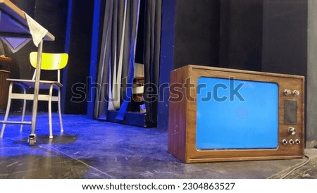 scenery for the performance on stage, retro items, bar, old TV. High quality photo Royalty-Free Stock Photo #2304863527