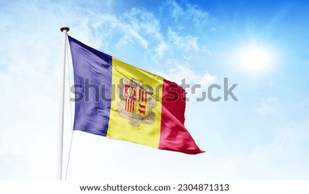 andorra flag waving on a high quality blue cloudy sky