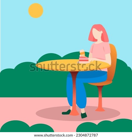 Flat vector girl in cafe outdoor with cake and coffee 