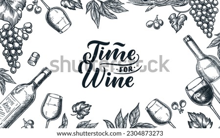 Wine tasting banner, poster or party flyer. Vector sketch illustration of wine bottle, glasses, grape vine. Winery shop, menu or package design template with hand drawn calligraphy lettering Royalty-Free Stock Photo #2304873273