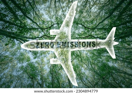 Icon of a commercial airplane with the words 'zero emissions' and a lush forest in the background. Royalty-Free Stock Photo #2304894779