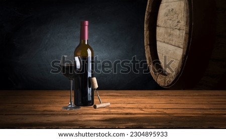 Wine cellar with wine bottle and glasses.with space for text. High quality photo