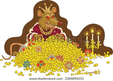 Rat king sitting on a large pile of gold coins and jewels from royal treasury and enjoying his incredible wealth, vector cartoon illustration isolated on a white background
