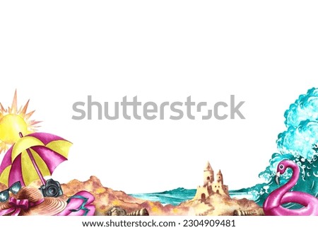 Rest on the sea. Frame with the image of beach paraphernalia on the background of the sea. beach umbrella, sand castle, waves. Watercolor illustrations. For the design of leaflets, banners, postcards.