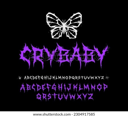 Crybaby Dark Lettering tattoo vector type font. Y2k Grunge style type font with Gothic Pank Rock and Dark Rock butterfly sign. Tattoo font 2000s concept. Gothic Rock style lettering for print design