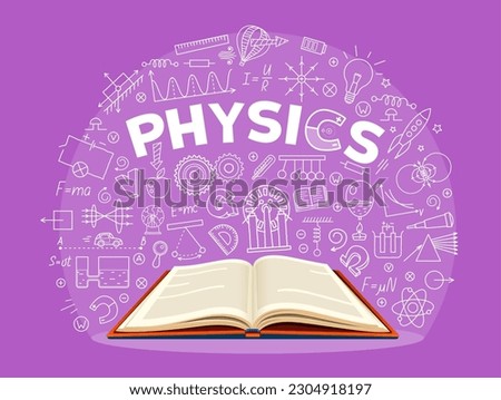 Physics textbook, outline science formulas on school board. Vector scientific student educational background with open book and thin line signs of basic knowledge and discoveries, experiments and laws