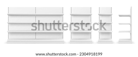 Supermarket shelf. White retail shop product shelves and racks. Empty store showcase display for grocery items, packaged foods, beverages, snacks, household essentials, 3d vector realistic mockup Royalty-Free Stock Photo #2304918199