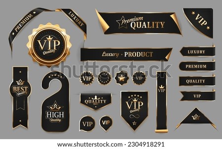 Golden luxury labels and banners. Vector premium quality badges, ribbons, curly corners, tags and vip product gold emblems or sticker seals with stars and crowns on glossy silky surface isolated set