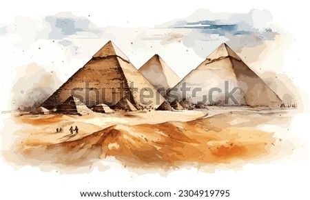 The Pyramids of Giza Egypt watercolor white background. Royalty-Free Stock Photo #2304919795