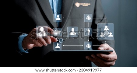 Business hierarchy structure. Relations of order or subordination between members. Business process and workflow automation with flowchart. Virtual screen Mindmap or Organigram. Royalty-Free Stock Photo #2304919977