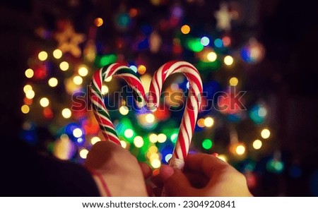 Christmas lollipops on the background of the Christmas tree. Selective focus. people.