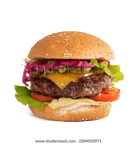 Beef hamburger. Cheeseburger with beef burger, tomatoes, cheese, pickled cucumber and lettuce isolated on white background