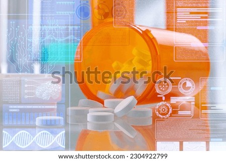 Futuristic Holographic Interface, showing medical Data in augmented reality from artificial intelligence AI. Orange prescription bottle with pills and drugs in the hospital. Close up view