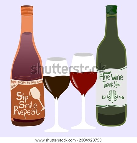 Set of vector red, and rose wine bottles with glasses. Flat vector illustration Hand drawn Clip Art