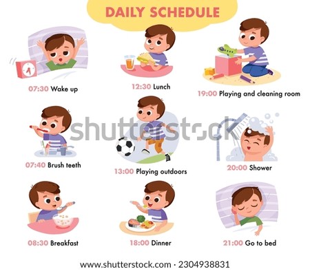 Boy establishing a successful daily routine. Kid accomplishes his tasks: wakes up, brushes teeth, has breakfast, plays outdoors, plays at home, goes to bed, takes shower. Royalty-Free Stock Photo #2304938831