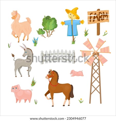 Donkey, Horse, Llama or Alpaca, Pig. Farm animals and buildings. Hay. Tractor. Barn. Cattle breeding Vector illustration isolated on white background.