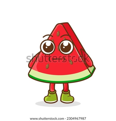 a picture of watermelon fruit with a flat expression. No words straight face watermelon fruit emoji. Vector flat design emoticon icon isolated on white background.