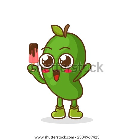 Cute smiling cartoon style green mango fruit character holding in hand ice cream, popsicle.
