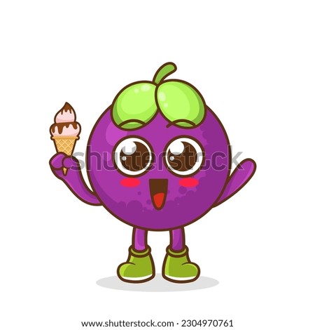 Cute Cartoon mangosteen fruit character holding ice cream cone