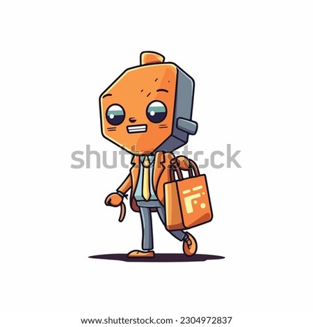 Character cartoon mascot logo for online trading company with the mascot in the form of a character holding a shopping bag or laptop.