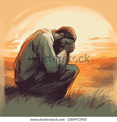 Young man Bowed Head Prayer, Worry, Desert Vector Illustration Royalty-Free Stock Photo #2304972905