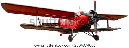Red plane used for agricultural or sanitation purpose against clear white background Royalty-Free Stock Photo #2304974085