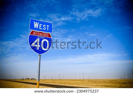 An Interstate 40 sign on the planes of the Texas panhandle Royalty-Free Stock Photo #2304975237