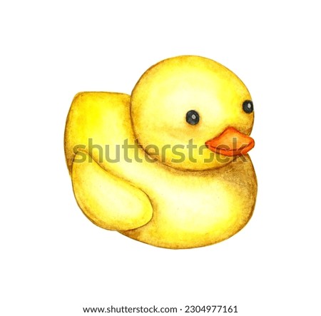 Watercolor illustration of a small yellow carved duck. Inflatable rubber duck. Clip art for fabric textile baby clothes, wallpapers, wrapping paper, packaging, design cards isolated