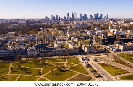 Aerial view of Warsaw cityscape at sunny day, Poland