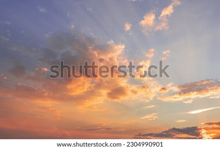 majestic morning colorful sunlight brush in air. heavenly light reflected on fluffy clouds in golden time. bright sun beams rays over panoramic view in summer gorgeous season. freedom n peaceful life Royalty-Free Stock Photo #2304990901