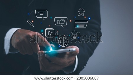 business people use internet technology to study digital marketing concepts telephony create content on social media use internet to connect media video chat doing business Royalty-Free Stock Photo #2305006089