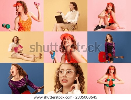 Collage made of portraits of beautiful emotional girl posing in different clothes and life situations over multicolor background. Concept of human emotions, youth culture, creative lifestyle Royalty-Free Stock Photo #2305008645
