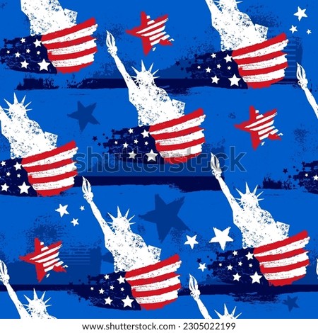 Abstract seamless pattern with American flag. Happy independence day print. American statue of liberty repeat print with stars, flags. USA colors wrapping paper. Grunge textured endless ornament