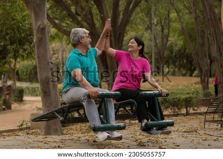 Happy senior citizen couple doing exercise in park