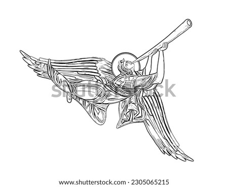 Angel blowing a horn. Voice of God. Illustration, frescoes in Byzantine style. Coloring page on white background