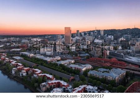 Beautiful Aerial View of the Downtown Portland area during sunset 