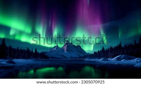 Be captivated by the Northern Lights' mesmerizing allure. Vibrant celestial colors dance across the night sky, Royalty-Free Stock Photo #2305070925